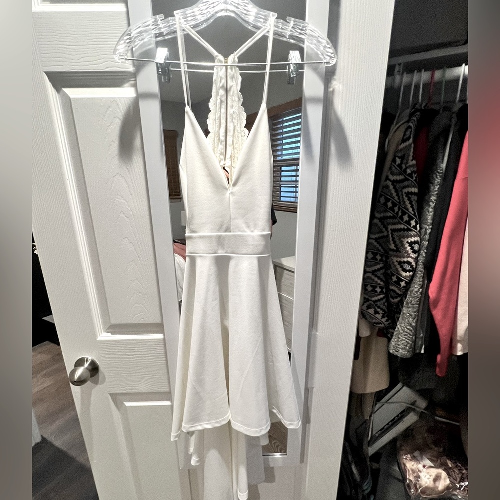 White high-low dress with lace racer-back. Windsor size M